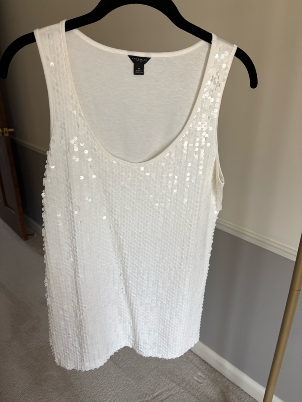 Ann Taylor White Sequin Scoop Neck Tank
